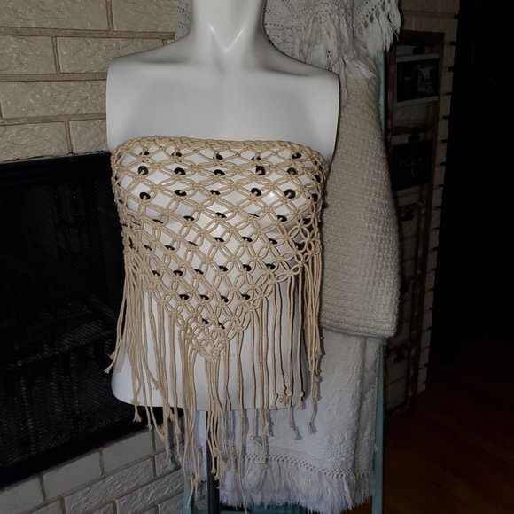 Vintage handmade Fishnet Beachy Boho Fringe cover up skirt or Top - Picture 3 of 6